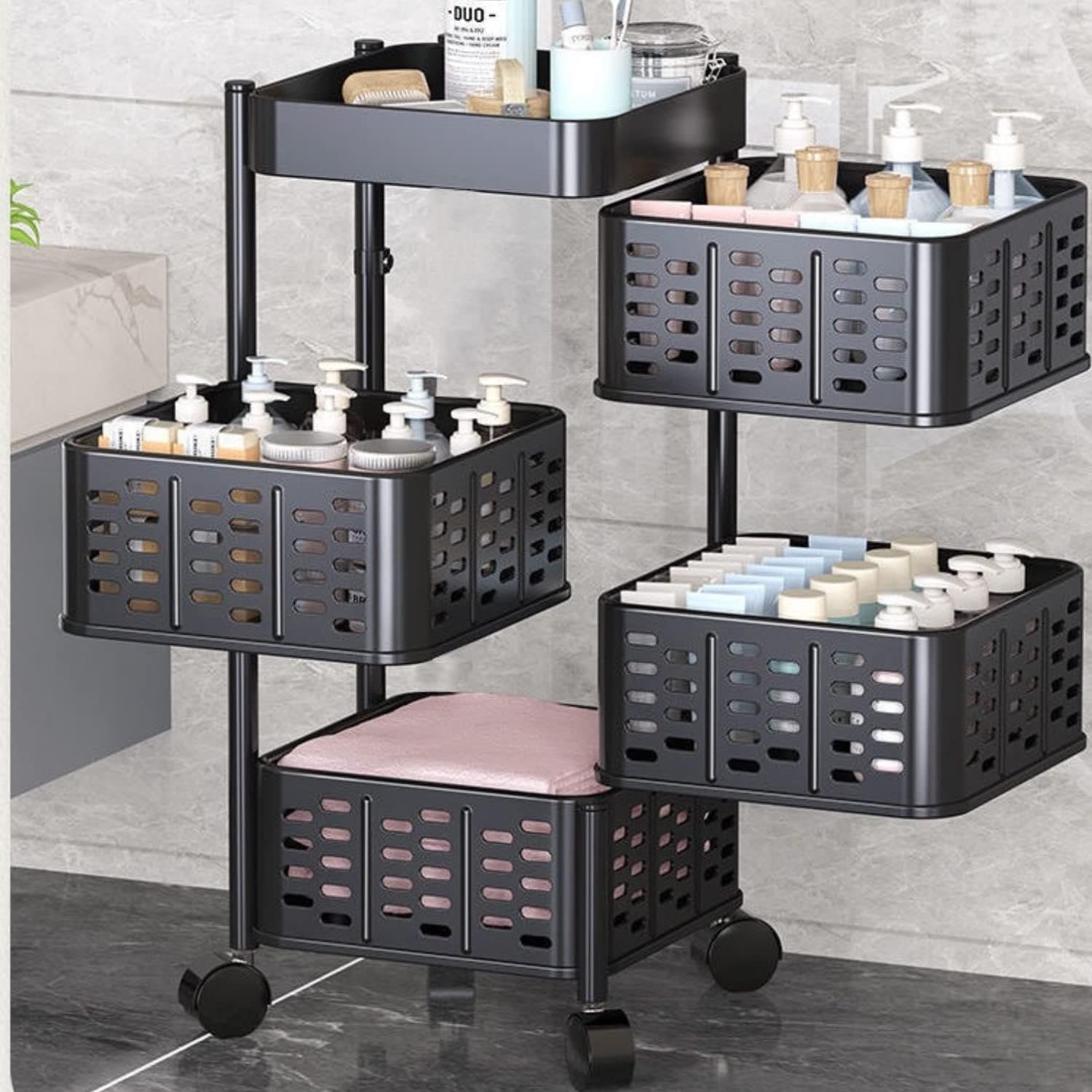 Square Multi Tier Rotating Storage Basket, 360° Rotating Fruit and Vegetable Stand, Kitchen Storage Rack with Mesh Baskets & Wheels, Mobile Kitchen Storage Fruit and Vegetable Holder Square Multi Tier Rotating Storage Basket, 360° Rotating Fruit and Vegetable Stand, Kitchen Storage Rack with Mesh Baskets & Wheels, Mobile Kitchen Storage Fruit and Vegetable Holder